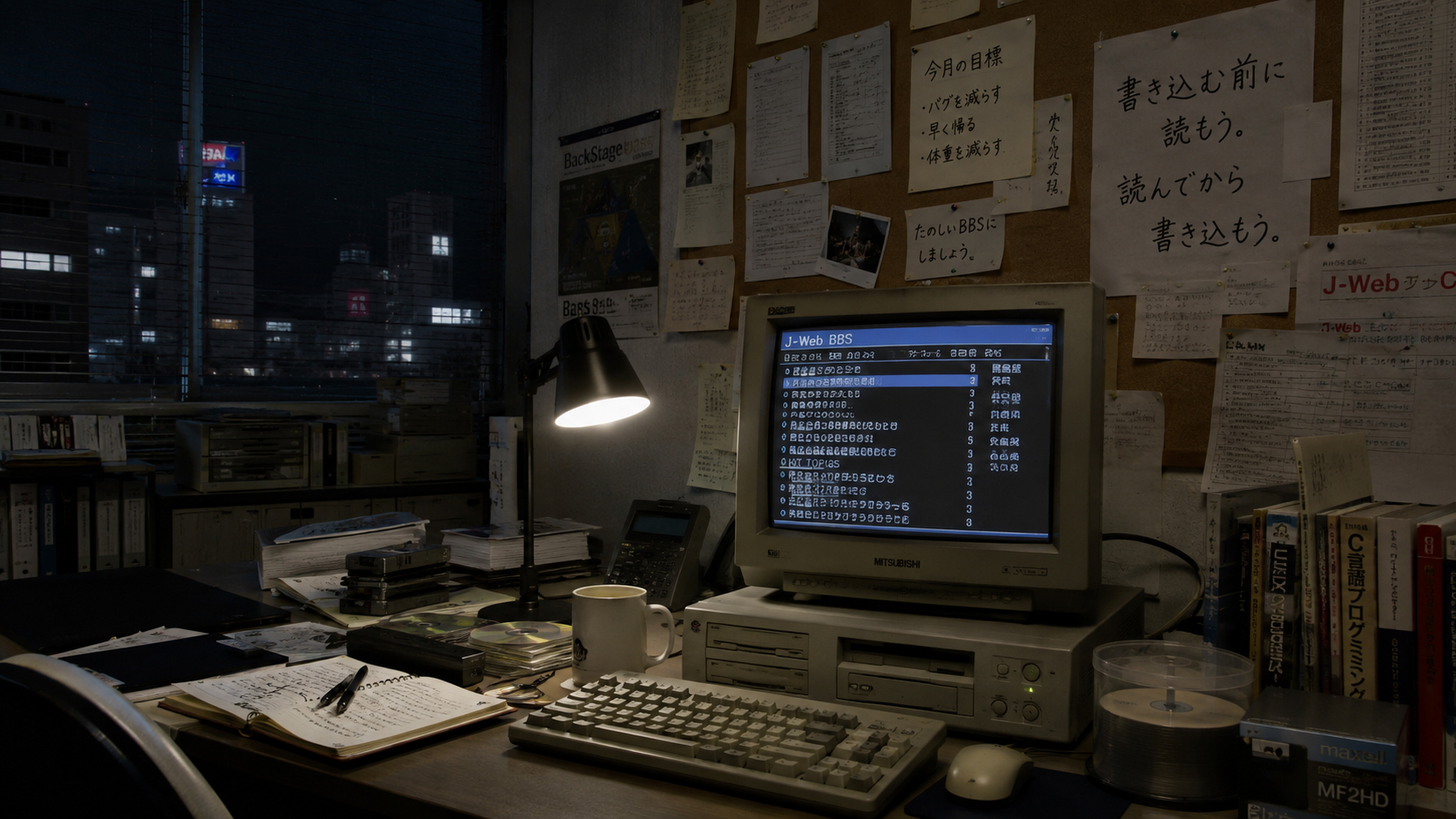 掲示板文化を示す夜の作業場