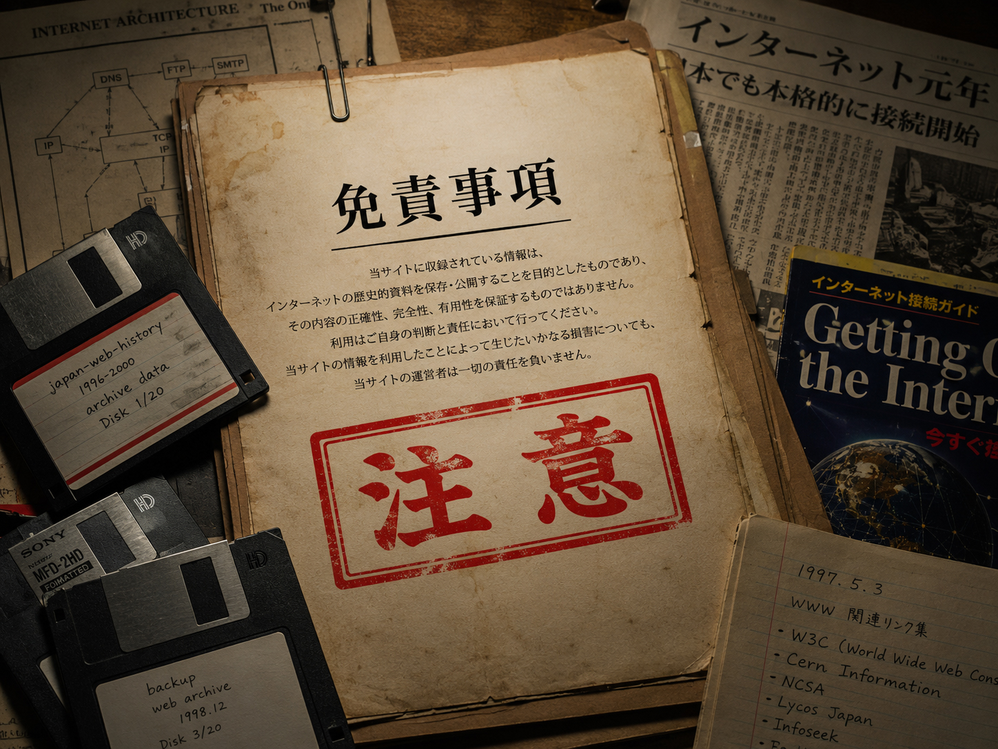 初期ウェブ資料と免責事項を示す赤い印の記録