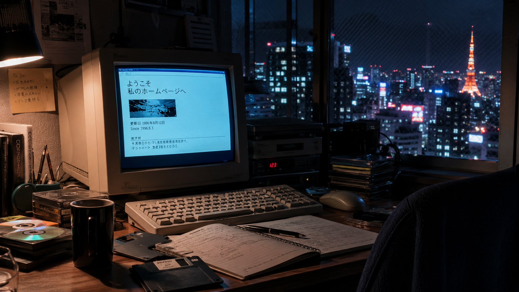 東京の夜景を背景に初期ホームページを映す古いコンピューター